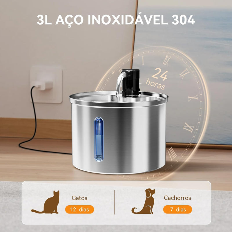 Fonte de Água Automática Inox 3L para Gatos e Cães – Silenciosa com Filtro Bivolt