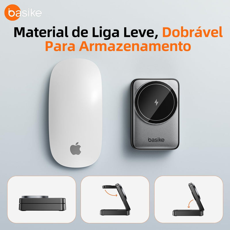 Estação de Carregamento 3 em 1 Basike – Magnética, Dobrável e com Luz Noturna (Preto)