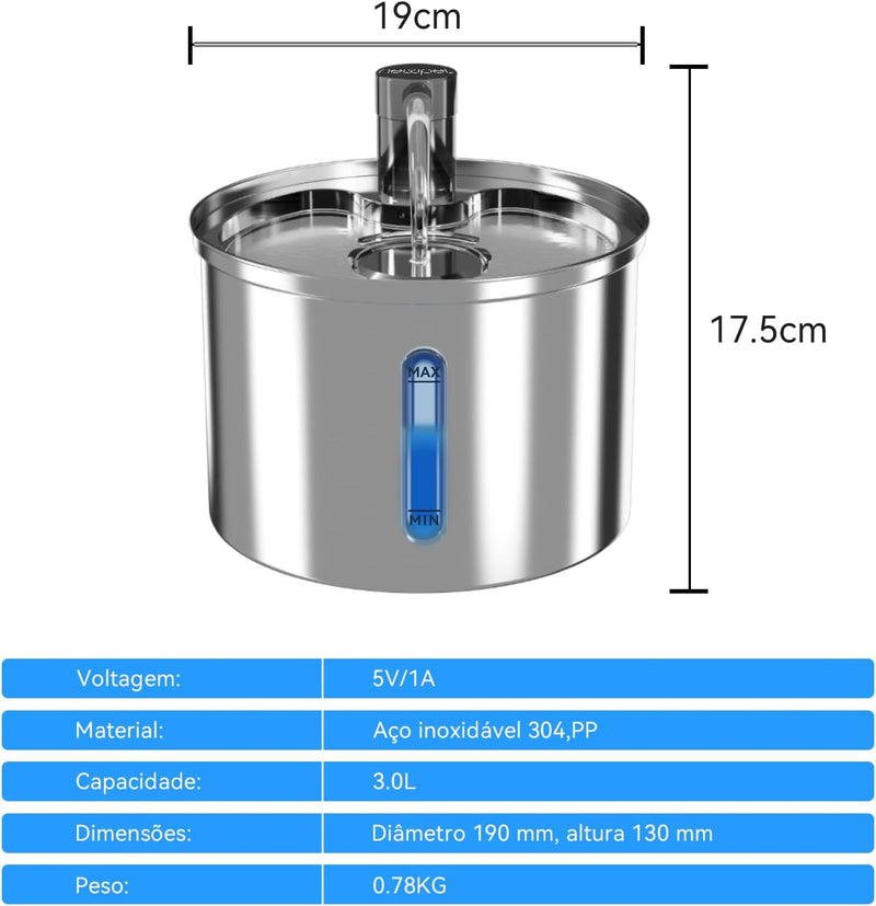 Fonte de Água Automática Inox 3L para Gatos e Cães – Silenciosa com Filtro Bivolt