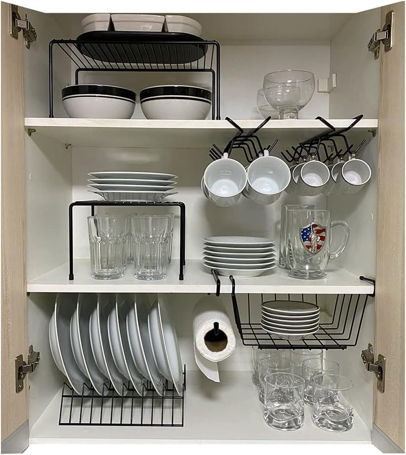 Kit Organizador de Cozinha 7 Peças – Prateleiras, Porta-Pratos, Xícaras e Cestos Aramados Preto