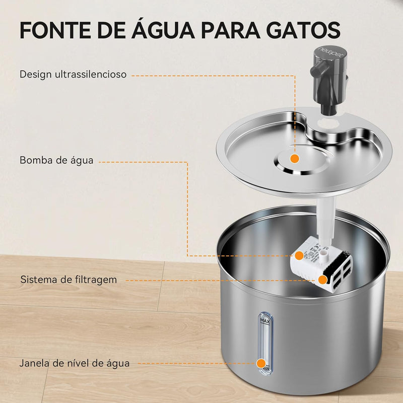 Fonte de Água Automática Inox 3L para Gatos e Cães – Silenciosa com Filtro Bivolt