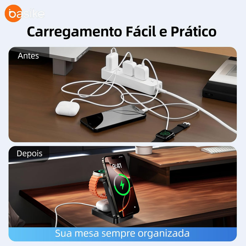 Estação de Carregamento 3 em 1 Basike – Magnética, Dobrável e com Luz Noturna (Preto)