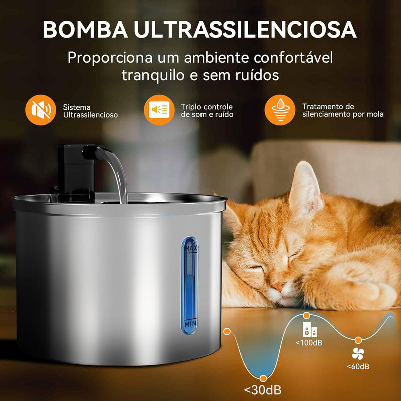 Fonte de Água Automática Inox 3L para Gatos e Cães – Silenciosa com Filtro Bivolt