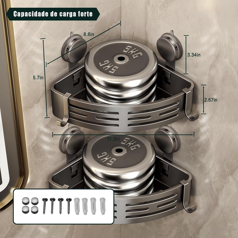 Kit 2 Suportes de Banheiro Sem Furo – Prateleira de Alumínio Preto à Prova d’Água e Ferrugem