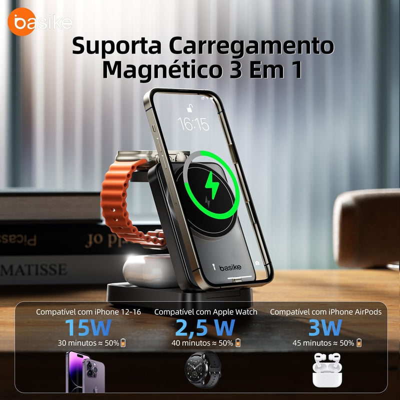 Estação de Carregamento 3 em 1 Basike – Magnética, Dobrável e com Luz Noturna (Preto)