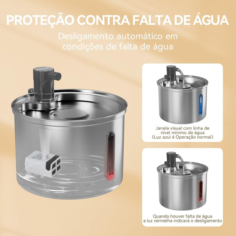Fonte de Água Automática Inox 3L para Gatos e Cães – Silenciosa com Filtro Bivolt
